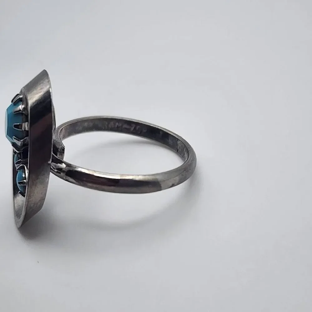 Vintage Ram-Zor Turquoise Rhinestone Silver Tone Adjustable Ring